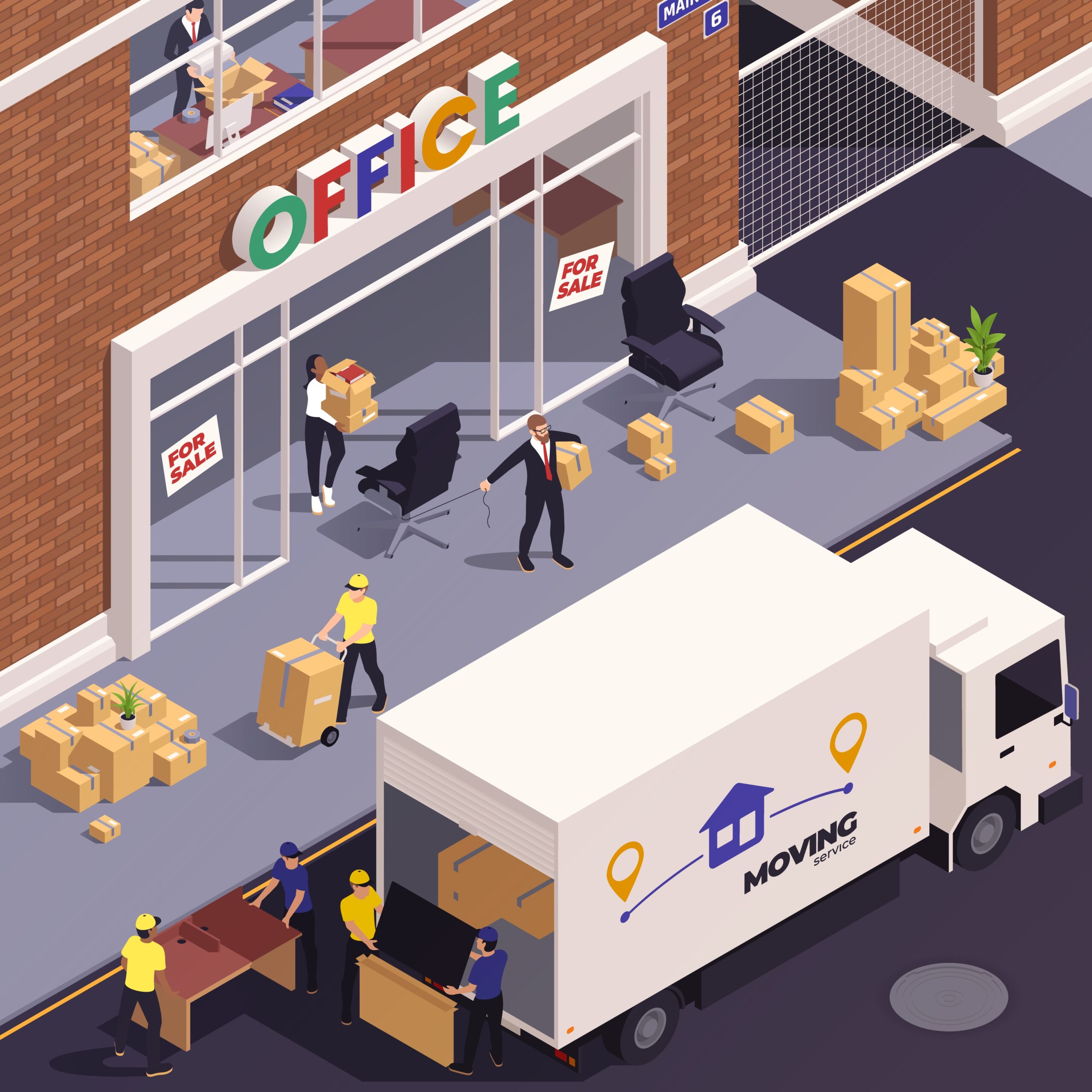 Check-list déménagement la poste suggérée par l’illustration: déménageurs déballant, camion de déménagement, colis et courrier près d’un bureau marseille, image correspondant au déménagement et à la logistique.